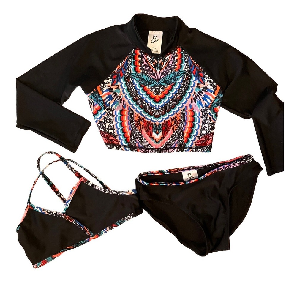 Art Class 3 Piece Swimsuit Sz 6 Long Sleeve  Shirt Bikini Top‎ Bottoms Black